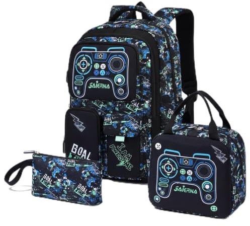 Amythe Cartable École Garçons Classes de 3 à 9 3 pièces Voyage Set, Noir | 3 pièces Grand Imperméable Bretelle Poitrine Compartiment Laptop Noir Daypack Multi-Poches Spacieux Robuste pour École