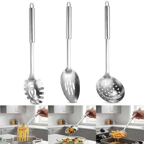 Kitchen Skimmer Slotted Spoons, 3 Pcs Utensils Pasta Spoon, Spider Strainer Ladle Spoon Slotted Cooking Spoons for Frying Scooping Food Pasta Spaghetti Noodle (3 Size)