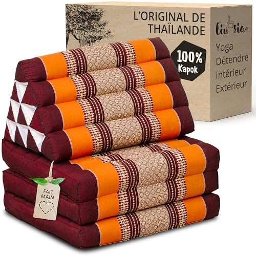 livasia Coussin thaï à 3 Blocs - 175x50x8cm - Triangle avec Matelas Pliable, Biseau kapok, Coussin de Soutien Dorsal Pliables, Tapis thaï Pliable, Fait Main (Orange)