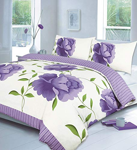 Voice7 Luxury Rosaleen Lilac Duvet Set - Double Size - Includes Duvet Quilt Cover And Two Matching Pillow Cases - Flowers on Poly Cotton Bed Set