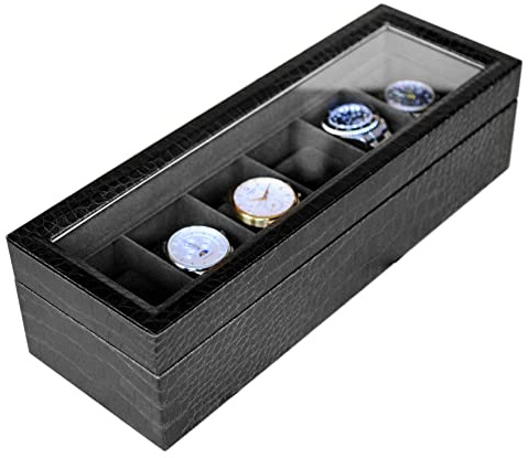 CASE ELEGANCE - Caja de reloj de imitación de piel, textura de cocodrilo, caja de reloj para hombre y mujer, caja de almacenamiento para relojes, organizador con tapa de cristal, 6 compartimentos