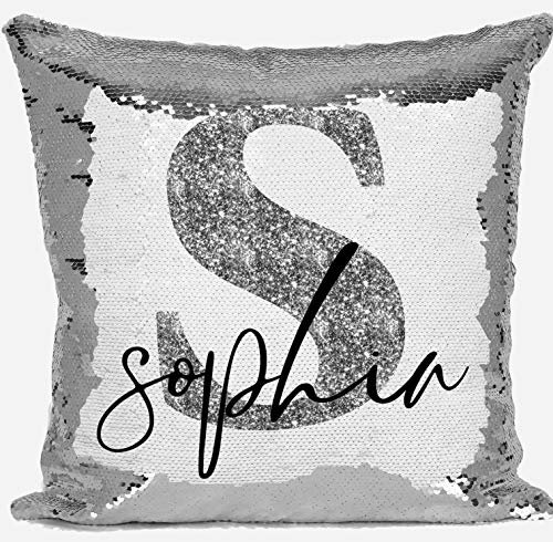 DAILY GIFTS Personalised Glitter Any Name Magic Reveal Silver Sequin Cushion Cover Gift 3 (Case + Filling)