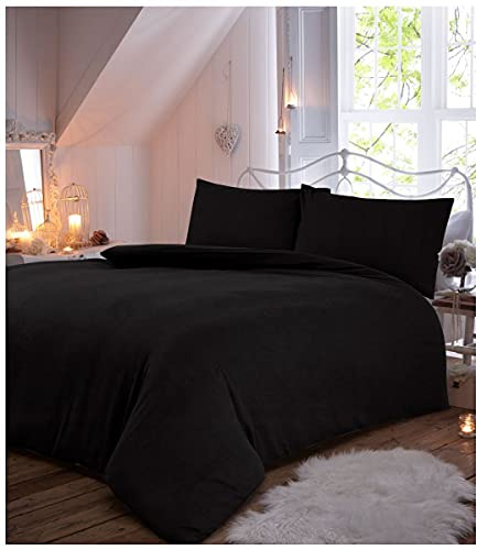 Premium Quality Plain Dyed Thermal Flannelette Duvet Cover and Pillowcases, Easycare Quilt Set, Soft & Cosy 100% Brushed Cotton Bed Linen, Black, Double Size Bedding