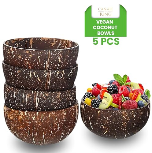 Canape King 5pcs Mini Coconut Bowls | Handmade 7cm Wooden Serving Eco-Friendly Smoothie Bowl Polished with Organic Oil | Perfect for Pasta Cereal Açai Salad & Smoothies