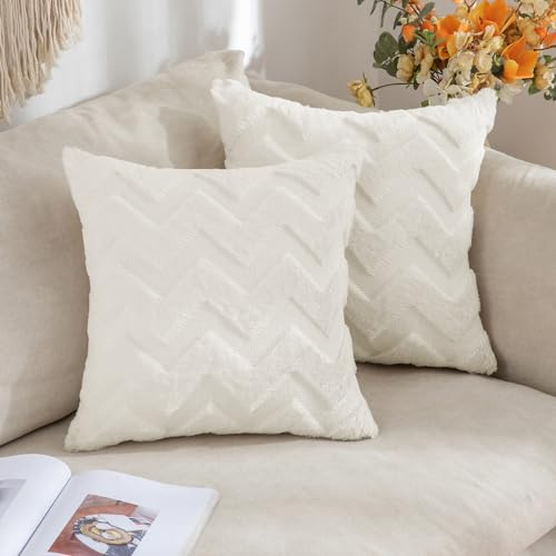 MIULEE 2er Set Kissenbezug 40×40cm Polyester Wellenmuster Cremeweiß | Besticktes Wellenmuster mit Flausch-Optik Weich Pflegeleicht Dekorativ Boho-Stil für Sofa Wohnzimmer und Schlafzimmer