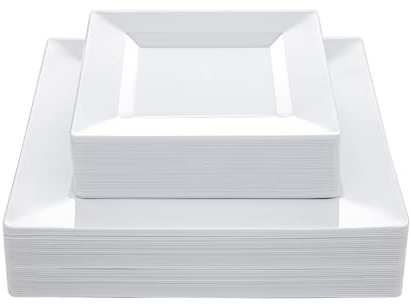 N9R 60PCS White Square Plastic Plates, 30 Dinner & 30 Dessert Plates Heavy Duty, Fancy Disposable Plates for Party, Wedding and other Events