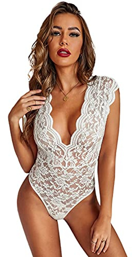 NBBNYJ Body Donna Elegante Vintage Estivi Pizzo V Collo Bodysuit Blusa Camicie Top Tuta Abbigliamento (Bianco-1, Small)