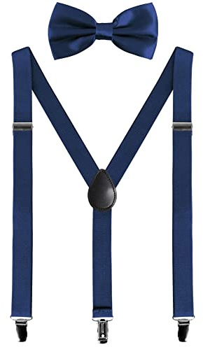 Mens Braces and Bow Tie Set, Suspenders Braces for Men Trousers with 3 Strong Clips, Elastic Adjustable Formal Braces for Wedding Business Daily-Wear (Navy)