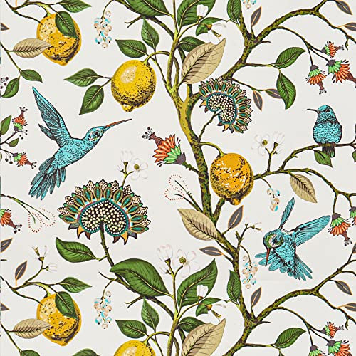 VaryPaper Papier Peint Fleuri Vintage Tropical Jungle Aquarelle Citron Feuillage Vert Oiseaux Bleu Papier Adhesif pour Meuble Papier Decoratif Autocollant Salon Salle de Bain Chambre Armoire 45cm×3m
