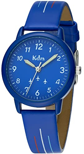 KDM Orologio Bambino Bambina Analogico: Orologio da Polso Bambini 5-12 Anni Cinturino Pelle Blu - Facile da Leggere Orologi Ragazzi Educativo Luminoso Impermeabile Regalo Bambina