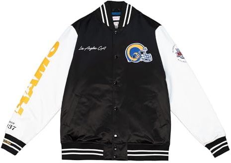 Mitchell & Ness NFL Team Origins Varsity Satin Jacket, farblich abgesetzte Ärmel, Druckknopf Verschluss, Herren, Frauen, Kinder, Unisex, Frühling, Sommer, Herbst, Winter