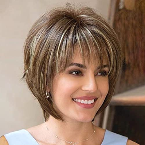 Creamily Perruques Cheveux Courts avec Frange Brun Foncé Mixte Blonde Pixie Coupe Perruque pour Femmes Perruques de Fibres Synthétiques Droites