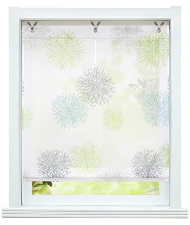 ESLIR Raffrollo ohne Bohren Gardinen Küche Voile Raffgardinen mit Ösen Modern Ösenrollo Vorhänge Weiß Transparent Grün BxH 100x130cm 1 Stück