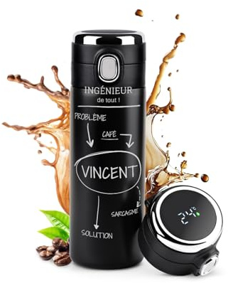 Maverton Gourde Isotherme Personnalisable, Mug hermétique 400ml | Avec gravure, Cadeau Homme, pour café, thé, Bouteille Isotherme avec afficheur LED, Cadeau Anniversaire Homme, ingénieur
