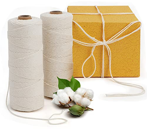 2 Pièces Fil de Coton Naturel Blanc Coton Corde 200m Corde Macramé 1mm Ficelle de Coton Ficelle de Boulangerie 4 Couches Ficelle de Cuisine pour Pâtisserie, Emballages de Cadeau