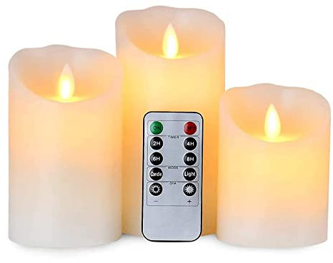 AnnSpa 3 Sets Candela LED Senza Fiamma a Batteria con Telecomando, Cera Vera Mossa tremolante stoppino Sfarfallio Ambra Candele gialla per Regalo e Campeggio Decorazione (Bianco)