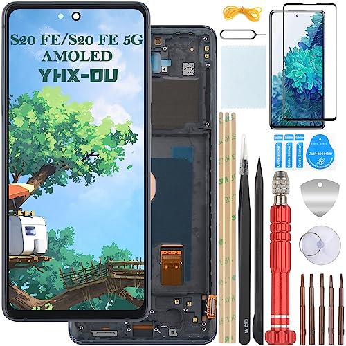 YHX-OU 6.5'' Nero con Telaio AMOLED Schermo per Samsung Galaxy S20 Fe Galaxy S20 Fe 5G LCD Display Touch Screen Digitizer Ricambio Assembly con Utensili Inclusi E Vetro temperato