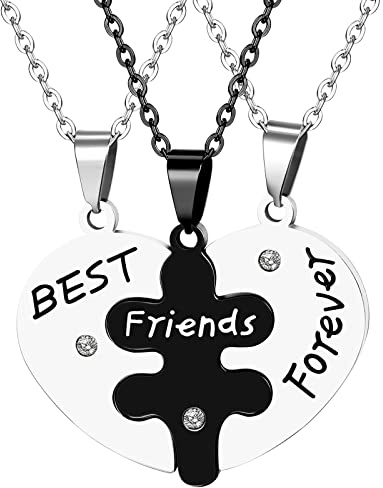 OIDEA Collana Uomo Amicizia per 3,Catenina Forma Cuore Spezzata Puzzle Ciondolo Acciaio Inossidabile Incisione Best Friends Forever Amici Sorelle Famiglia,Colore Argento-Nero