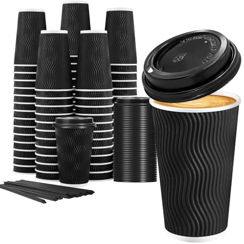 Lamosi 16 oz Disposable Coffee Cups with Lids, 50 Pack Insulated Hot Cups To Go Paper Coffee Cups with Lids and Straws, Corrugated Ripple Wall Cup for Hot Drink, Office, Coffee Bar (Black)