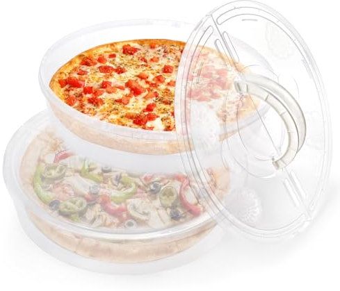 Lawei 2 Pack 12 Inch Food Storage Container with Lid and Handle, 2 Compartments Plastic Pie Carrier Pizza Slice Storage Containers, Reusable Round Pie Keeper Holder for Cake Cheesecake Tortilla