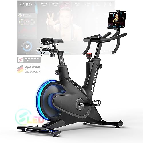 Sportstech sBike Lite - Vélo d'intérieur intelligent avec ses LED intégrées + avec 1 an d'App STL Incluse, demande et support de tablette à 360° pour un entraînement complet du corps