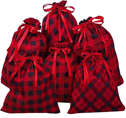 LATERN 6 Stück Weihnachtsbeutel mit Kordelzug, Groß Rote und Schwarze Büffelkarierte Kordelzugbeutel Baumwolle Geschenktüten Weihnachtsver Packungsbeutel für Weihnachtsfeier (6 Stile, 2 Größen)