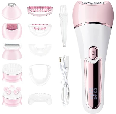 Epilator for Women, 6 in 1 Hair Removal Epilator, Shaver, Face Razor, Facial Brush, Face Massage and Body Exfoliator,IPX7 Waterproof Rechargeable Hair Removal for Women (Pink)