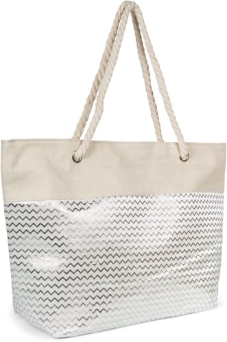 styleBREAKER XXL Strandtasche Metallic Zick-Zack | 58,5x36,5x16 cm Maß, geräumiges Hauptfach mit Reißverschluss, Shopper, bequeme Doppelgriffe aus reiner Baumwoll-Kordel.