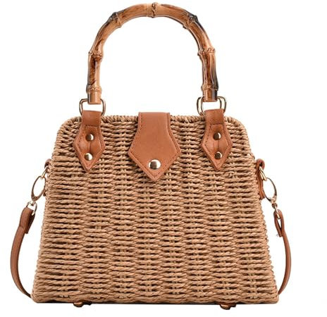 Straw Purses for Women Trendy Summer Woven Tote Bag Straw Basket Crossbody Wicker Purses and Handbags with Bamboo Handle (Khaki)