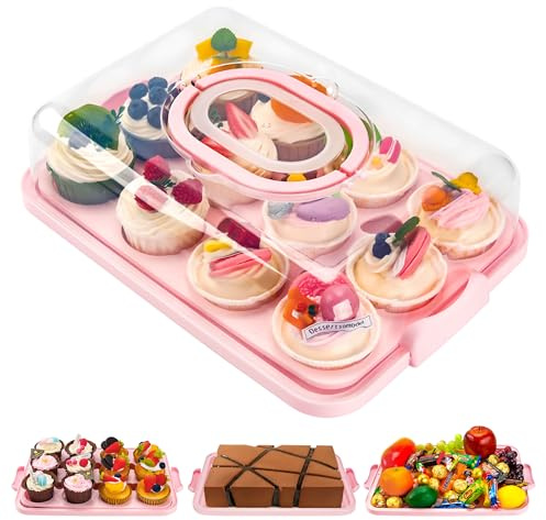 NPLUX Cupcake Containers with Lid Rectangular Cake Carrier 3-in-1 Multipurpose Cupcake Holder for Muffins Pies Sweets Pastries Fruit or Snacks(Pink, 13 x 9 x 4)