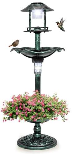 GYMAX Vogeltränke stehend, Vogelbad Garten mit Solar Leuchten, Bronze | Vogelbecken mit Blumenkübel, 3 Pfählen & befüllbarem Ständer, Futterstation für Balkon & Garten