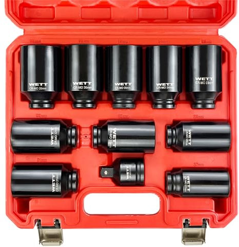 WETT 1/2 Drive Deep Large Impact Socket Set, 11-Piece Spindle Axle Nut Wheel Wrench Sockets Set, Jumbo Metric 6 Point Sockets with 3/4 to 1/2 Adapter, CR-V, (27mm-38mm)