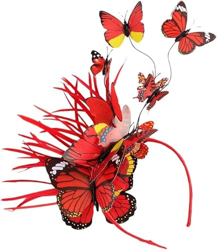 Schmetterlings-Fascinator, Hut, Schmetterlingsflügel für Damen, Schmetterlings-Stirnband, Krone, Teeparty, Halloween, Kostüm, Kopfschmuck (rot)