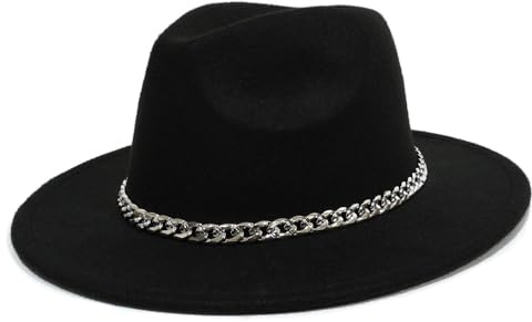VASANA Universeller Filz-Fedora-Hut mit breiter Krempe, Schlapphut mit Kettenschnalle, Panama-Fedora-Hüte, Jazz-Show-Kostüm, Zubehör für Performance, Party, Halloween, Cosplay (schwarz)