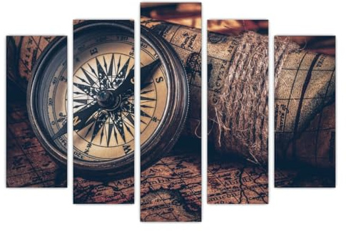 AREDE 5er Set Wandkunst Gemälde Bild Poster Vintage Kompass | 120 x 80 cm | Wandbilder Wanddekoration Home Office Wohnzimmer Schlafzimmer Dekoration | Fertig zum Aufhängen