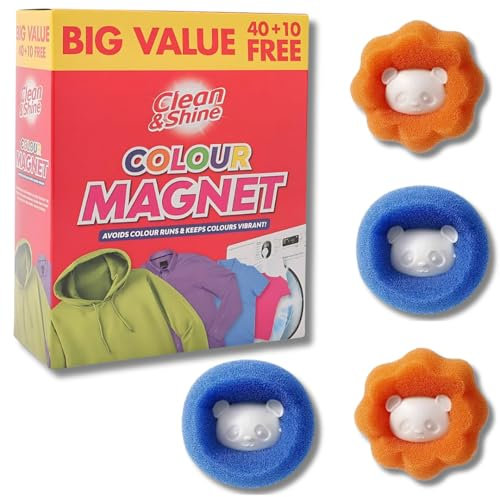 Laundry Bundle - 1 Box (50 Sheets) of Clean & Shine Colour Magnet - Colour Catcher Sheets - Prevents Colour Run and 4 Reusable Super Hair Catching Balls for Washing Machine by Kevagh