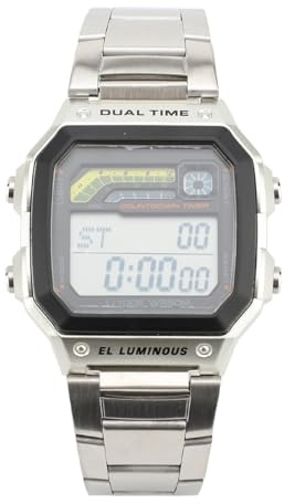 Elprico Montre Numérique Homme Sport Bracelet Acier Inoxydable Étanche 50M Rétroéclairage EL Double Fuseau Horaire Chronomètre Alarme Montre Électronique
