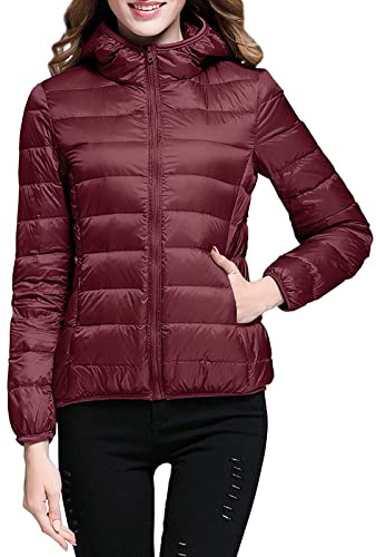MODSGUE Chaqueta ligera acolchada para mujer, packable, de transición para mujer, con forro, chaqueta puffer con bolsillos para exterior y ocio, chaqueta básica, burdeos, M