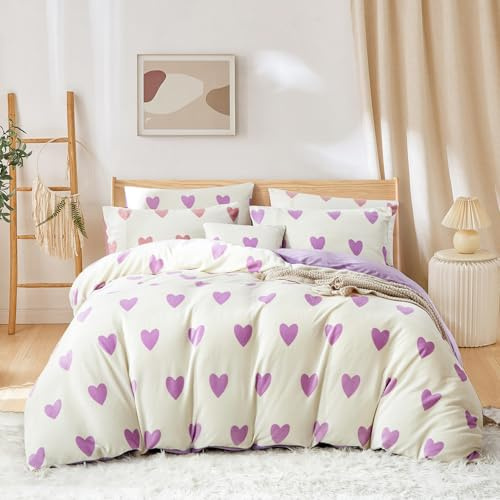 Covebett Flanelle Housse de Couette 220x240 Cœur Violet Blanc Amour Hiver Chaude Parure de lit Polaire Peluche Réversible Linge de Lit Adulte 2 Personnes Fermeture Éclair + 2 Taie d'oreiller 65x65cm