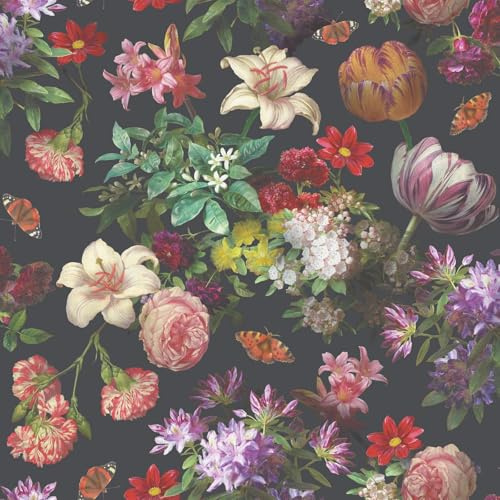 World of Wallpaper Brigette Floral, Lightly Embossed, Black/Multi (WOW138) | Easy to apply wallcovering, Jewel tones, Bedroom, Hallway, Dining & Living Rooms (10.05m x 52cm roll)