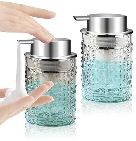 RETON 2 Pcs Foam Soap Dispenser, 10 Oz/300ml Clear Foaming Soap Dispenser with Plastic Pump, Refillable Plastic Hand Wash Dispensers for Bathroom Kitchen Countertop (Transparent White+Grey)