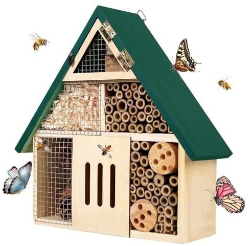 Insect Hotel for Garden, Wood and Metal Bug House for Bees, Ladybugs, Butterflies, Outdoor Pollinator Habitat