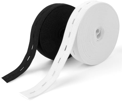 Deepton Gummiband Nähen mit Knopfösen, Hosengummi 20mm×10m, Gummiband Breit | 2 Rollen Elastisches Band Gummizug, Knopflochgummi für Hosenrock Stirnband und DIY-Nähen, Schwarz & Weiß
