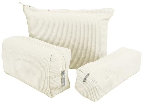 3er Beige Kosmetiktasche Cord Make up Tasche Cord Damen Kosmetiktasche Set | 3 Größen Kosmetikkoffer Damen Kord Schminktasche Kosmetikbeutel Kord Beauty Bag Travel mit Metall Reißverschluss