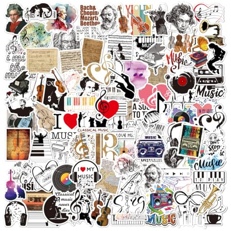 100 Music Stickers, Vinyl Musical Notes Sticker Bomb for Guitar Skateboard Laptop Water Bottle