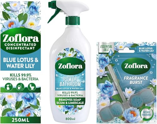 Zoflora Blue Lotus & Waterlilly Bundle - Power Bathroom Cleaner 800ml, Concentrated Multipurpose Disinfectant Liquid 250ml & Rim Blocks 1 x 72g