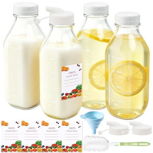Mssushi 4 Pack Square Wide Mouth Glass Milk Bottle 500ml | Juice Bottles with Lids, Pour Spout, for Smoothies, Homemade Drinks