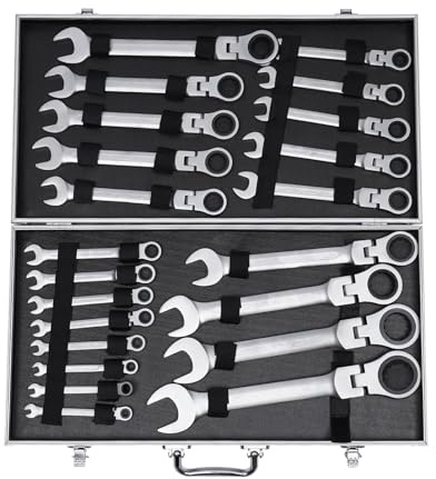 MccoMMon Set di chiavi a cricchetto ad anello, 22 pezzi, testa snodata da 6-32 mm, set di chiavi a cricchetto, chiavi a forchetta, set di chiavi prugne (con cassetta degli attrezzi)