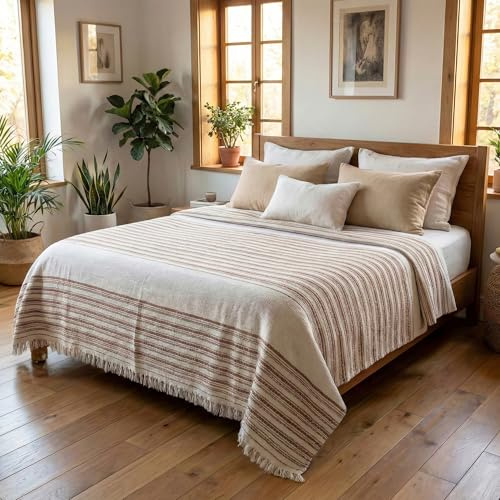Loomvia Leichte Bettüberwurf & Tagesdecke 240x260 cm, 215 GSM, seidig weich Sommerdecke, Überwurf für Bett & Sofa, aus Baumwolle & Bambusviskose - Pflegeinfos unter Info zu diesem Artikel - Beige