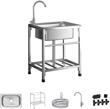 Lavello in Acciaio Inox Garage, Lavandino da Esterno con Rubinetto Lavandino Commerciale Lavelli Autoportante Lavello di Utilità Lavabo Cucina Lavamani Industriale 52X38cm